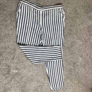 St. John Linen Blend Striped Pull-On Trousers Black White Lg